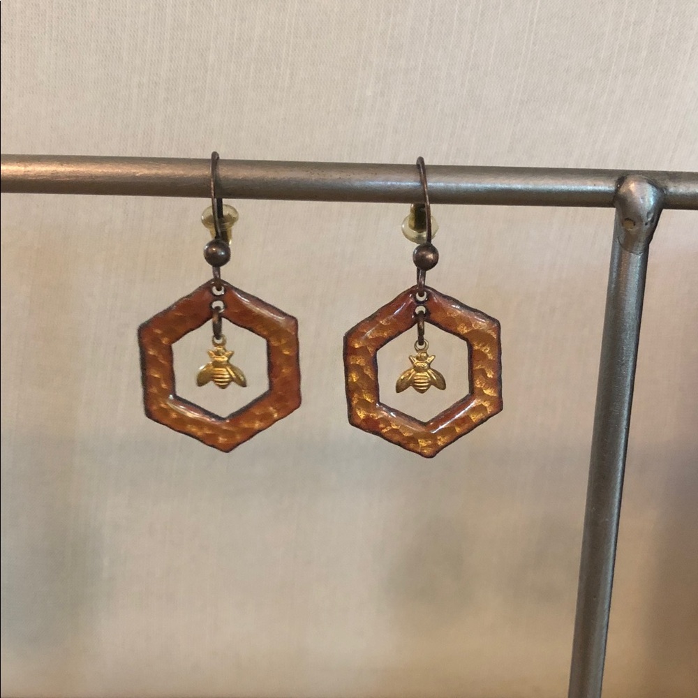 Gold Bee Honeycomb Drop Earrings